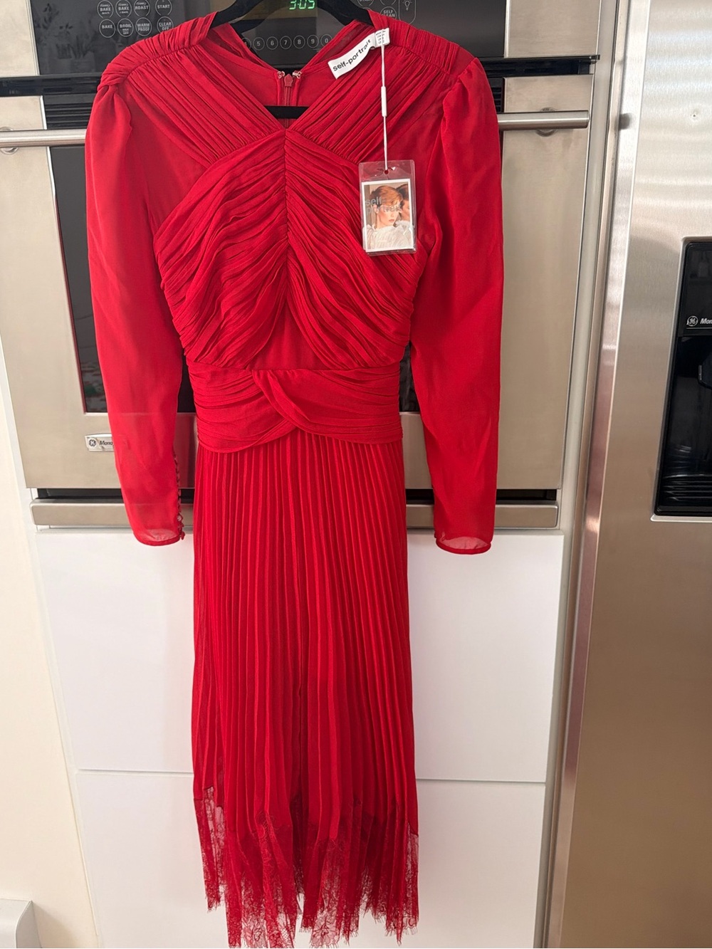 Self-Portrait Red Pleated & Ruched Long Sleeve Midi Dress